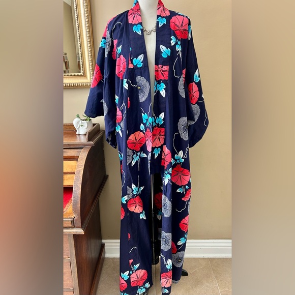 Japanese Floral Kimono Yukata Cotton Long Robe Navy Blue Red Morning Glory - Picture 4 of 11